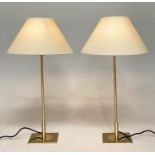 TABLE LAMPS, a pair, with brass columns and square bases and shades, 65cm H. (2)