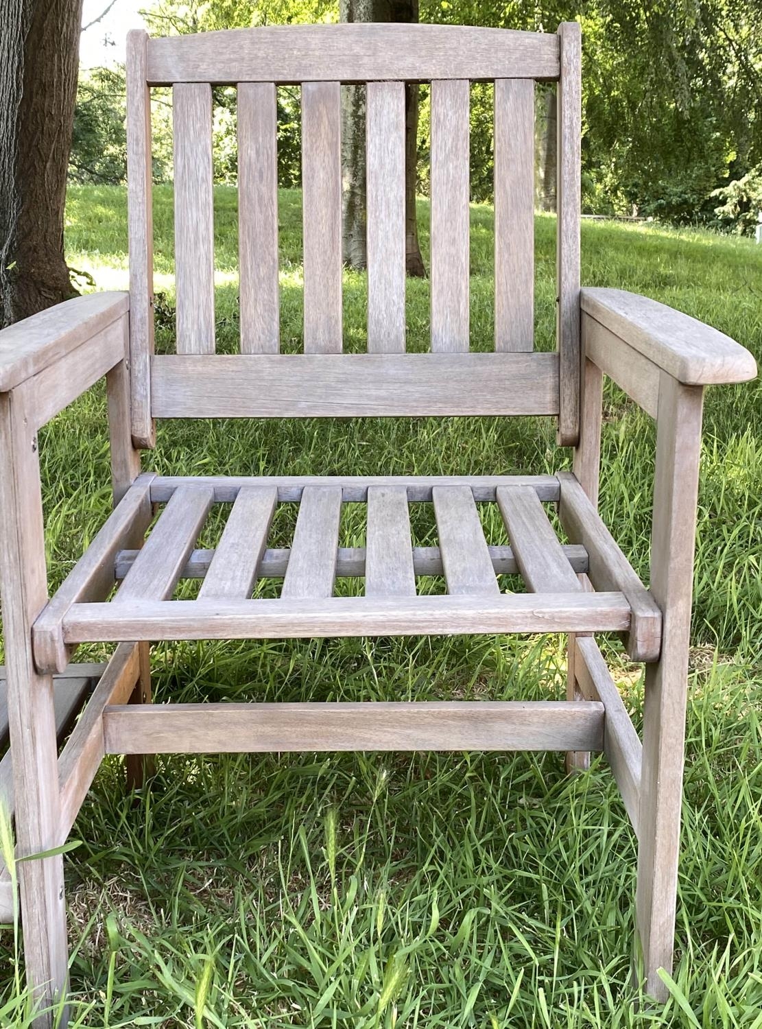 CONVERSATION GARDEN SEAT, weathered slatted teak with two armchairs and conjoining two tier table, - Image 4 of 5