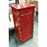 SIDE CABINET, 20th Century French, red painted with faux bamboo detail, one drawer above cabinet,