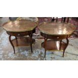 OCCASIONAL TABLES, a pair, the figured mahogany oval tops with pierced brass gallery and