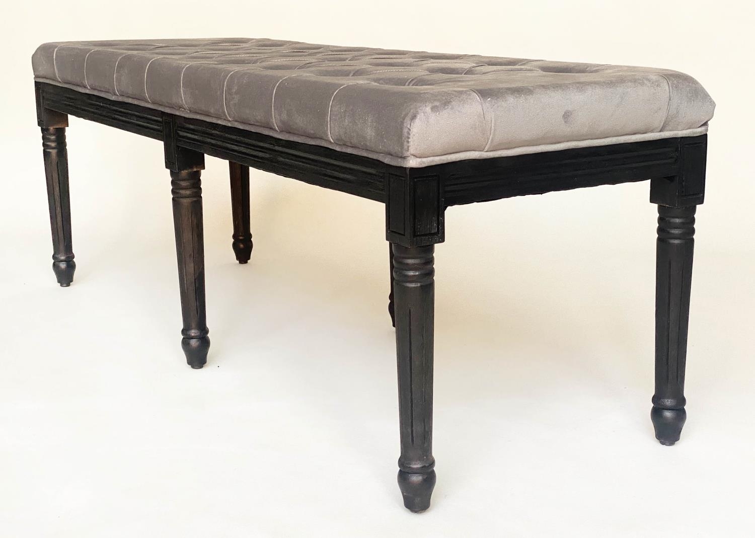 WINDOW SEAT, rectangular buttoned grey velvet and turned supports, 140cm W x 47cm D x 50cm H. - Image 4 of 5