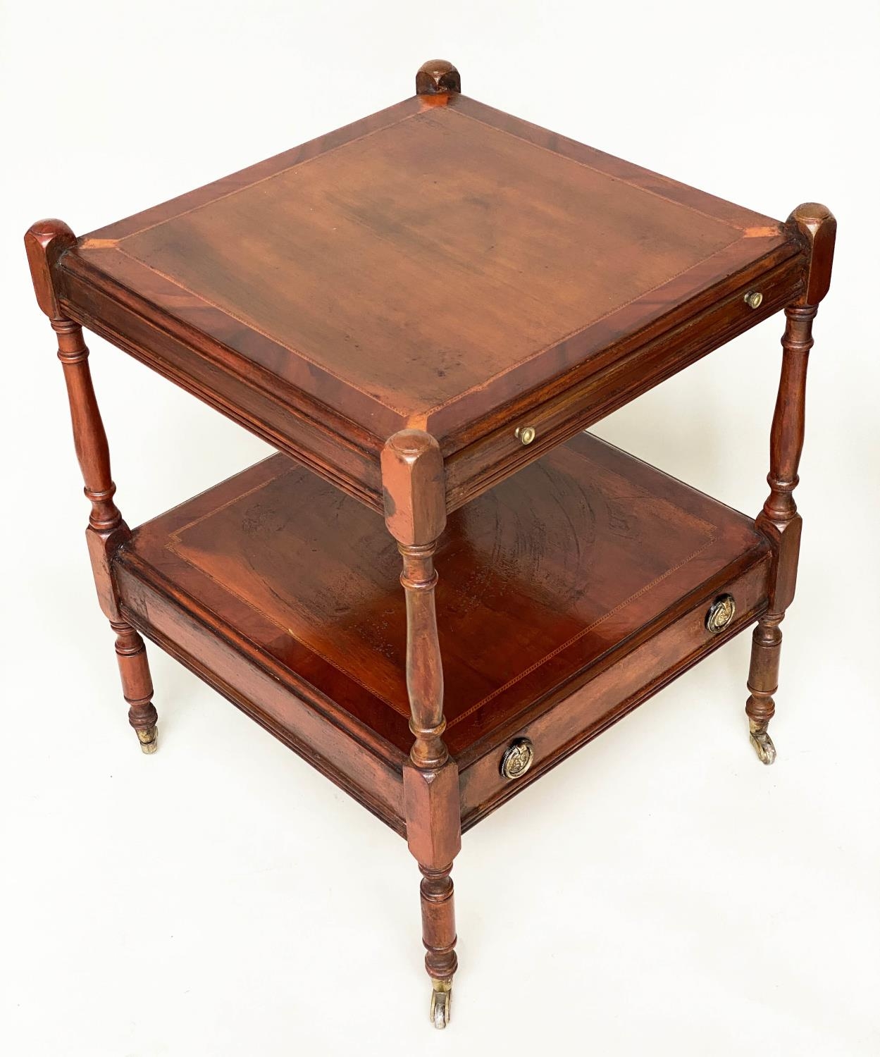 LAMP TABLES, a pair, George III design yewwood each with slide, drawer and undertier, 46cm x 46cm - Image 7 of 7