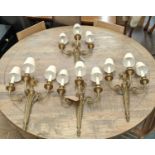 VAUGHAN WALL SCONCES, a set of four, each 50cm H x 36cm W, brass, with shades. (4)