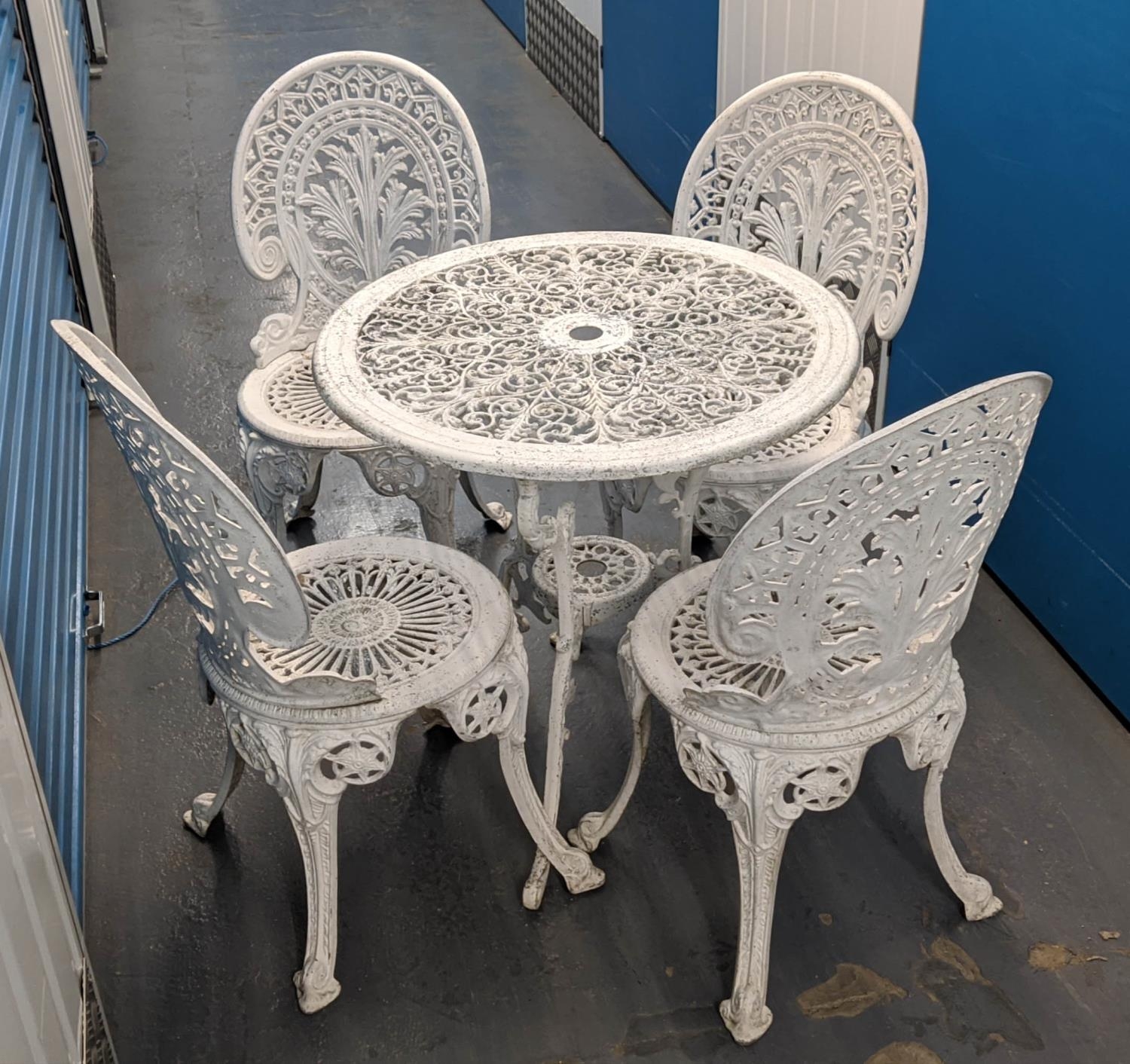 COALBROOKDALE STYLE GARDEN SET, including, table 69cm x 70cm H, and four chairs, 88cm H, painted