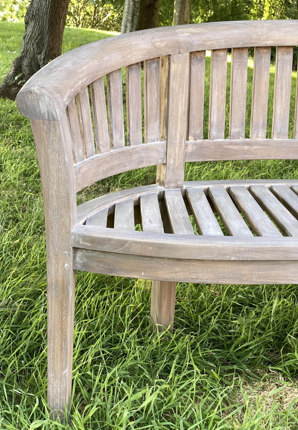 BANANA GARDEN BENCH, weathered teak with curved back and slatted construction, 150cm W. - Image 3 of 5