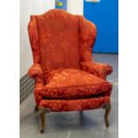 BERGERE A OREILLE, Louis XV style beechwood red foliage patterned damask upholstery, raised on