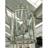 HALL LANTERN, polished metal and glazed, four branch light, 97cm drop.