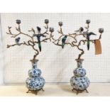 CANDELABRA, a pair, 74cm H, each three branch, gilt metal with ceramic bird detail and double