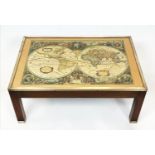 LOW TABLE, mahogany, brass bound and glazed with map lined top, 37cm H x 89cm x 61cm.