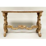 CONSOLE TABLE, Italian carved giltwood with C scroll trestles united by a shaped stretcher and inset