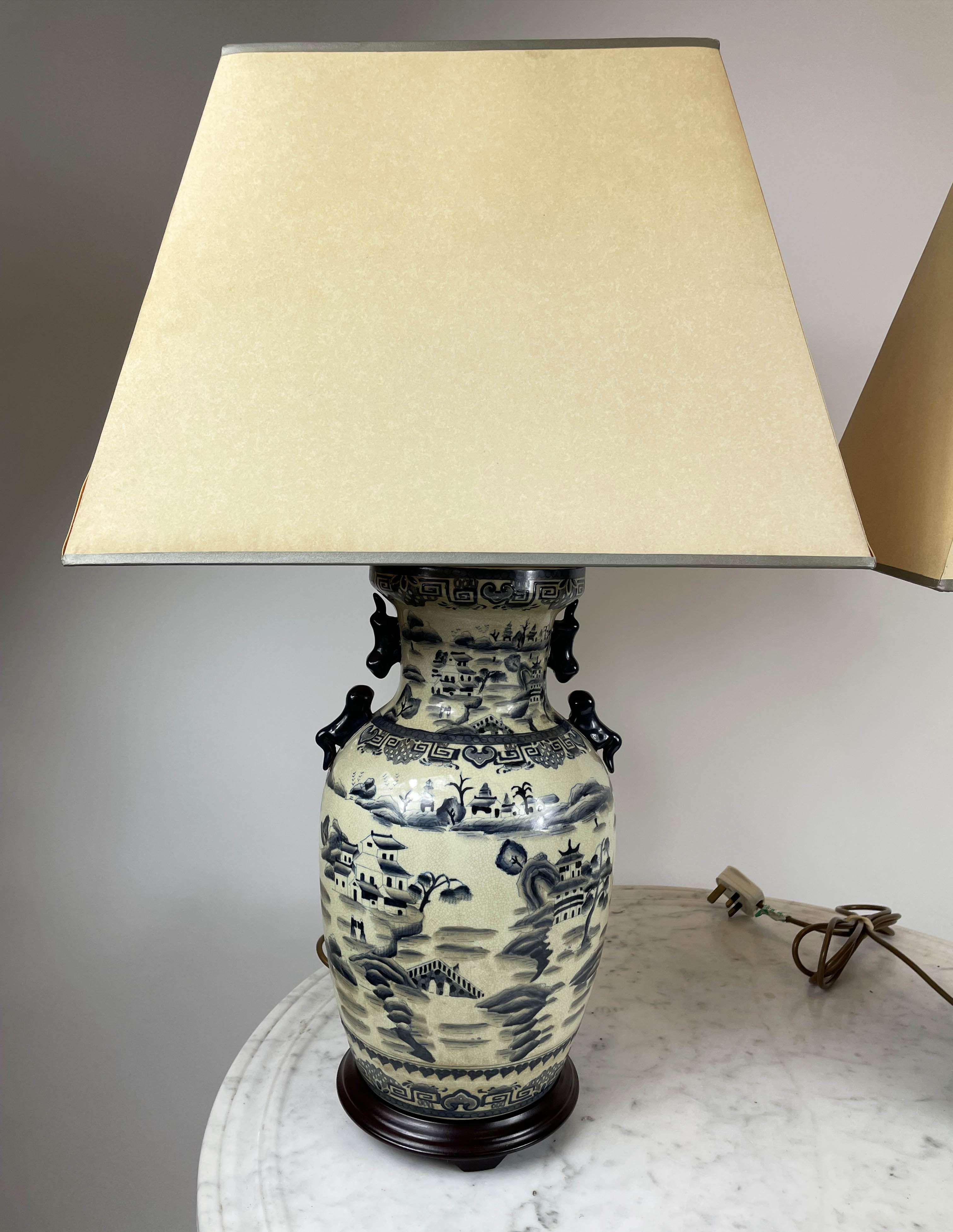 LAMPS, a pair, Chinese vase form blue and white decorated with pagodas and landscape scenes with - Image 3 of 6