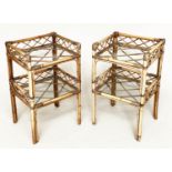 BAMBOO LAMP TABLES, a pair, bamboo framed, glazed and cane bound with two galleried tiers, 42cm x