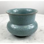 CHINESE LONGQUAN CELADON CRACKLE GLAZED INCENSE BURNER VASE, 11cm H x 17cm diam.