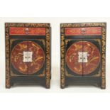 CHINESE CABINETS, a pair, lacquered and gilt Chinoiserie decorated with silvered mounts, each with