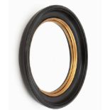 CONVEX WALL MIRRORS, a set of four, Regency style, black frames with gilt accents, 33cm x 33cm x