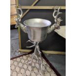 CHAMPAGNE BATH ON STAND, polished metal, faux antler stand, stag head detail to bath, 106cm H x 70cm