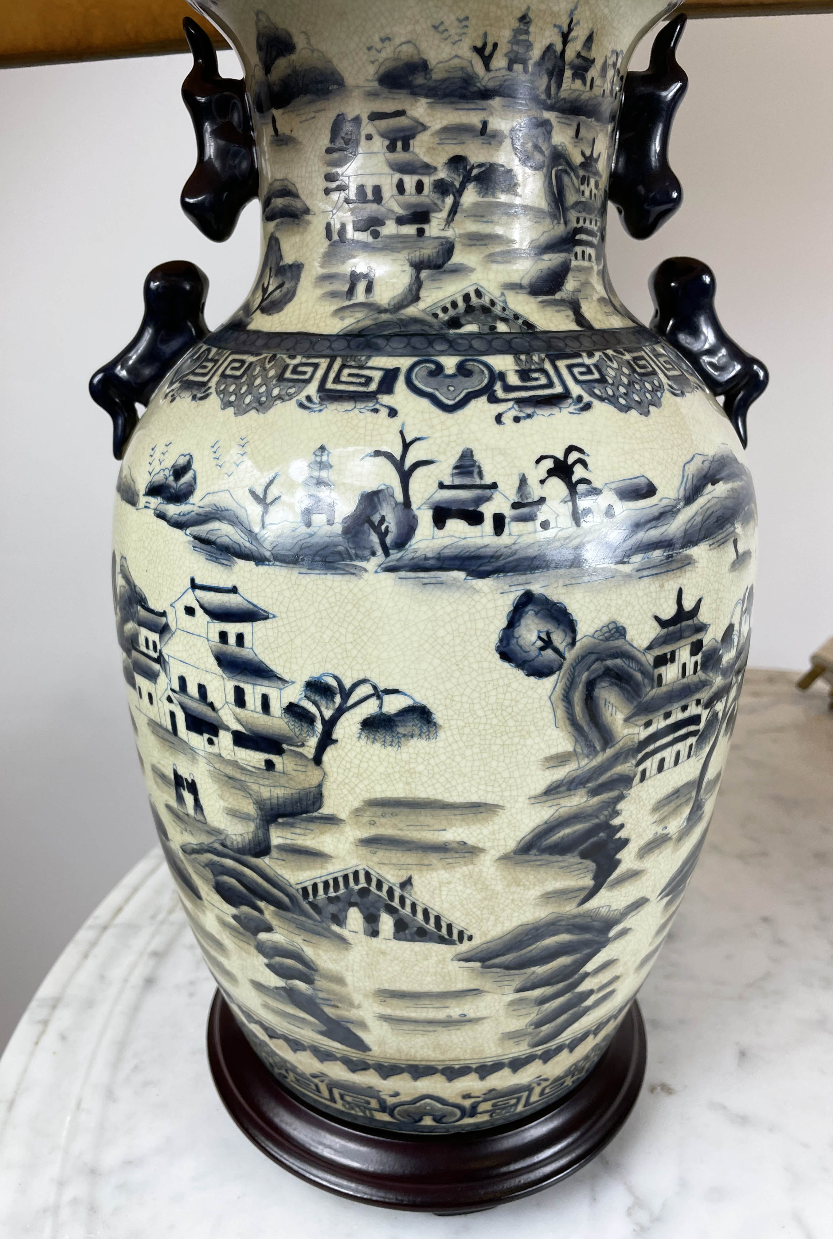 LAMPS, a pair, Chinese vase form blue and white decorated with pagodas and landscape scenes with - Image 6 of 6