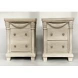 BEDSIDE CHESTS, a pair, French Empire style traditionally grey painted with column and swag