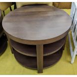 SIDE TABLES, a pair, contemporary, three tier dark wood design, 75cm diam x 52cm H. (2)