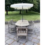 GARDEN EXTENDING TABLE AND CHAIRS, weathered teak rounded rectangular extending with two foldout