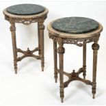OCCASIONAL TABLES, a pair, green marble tops, circular form, beech frame, turned supports, cross