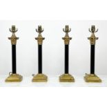COLUMN LAMPS, a set of four, Neo Classical form brass mounted with Corinthian capped columns and