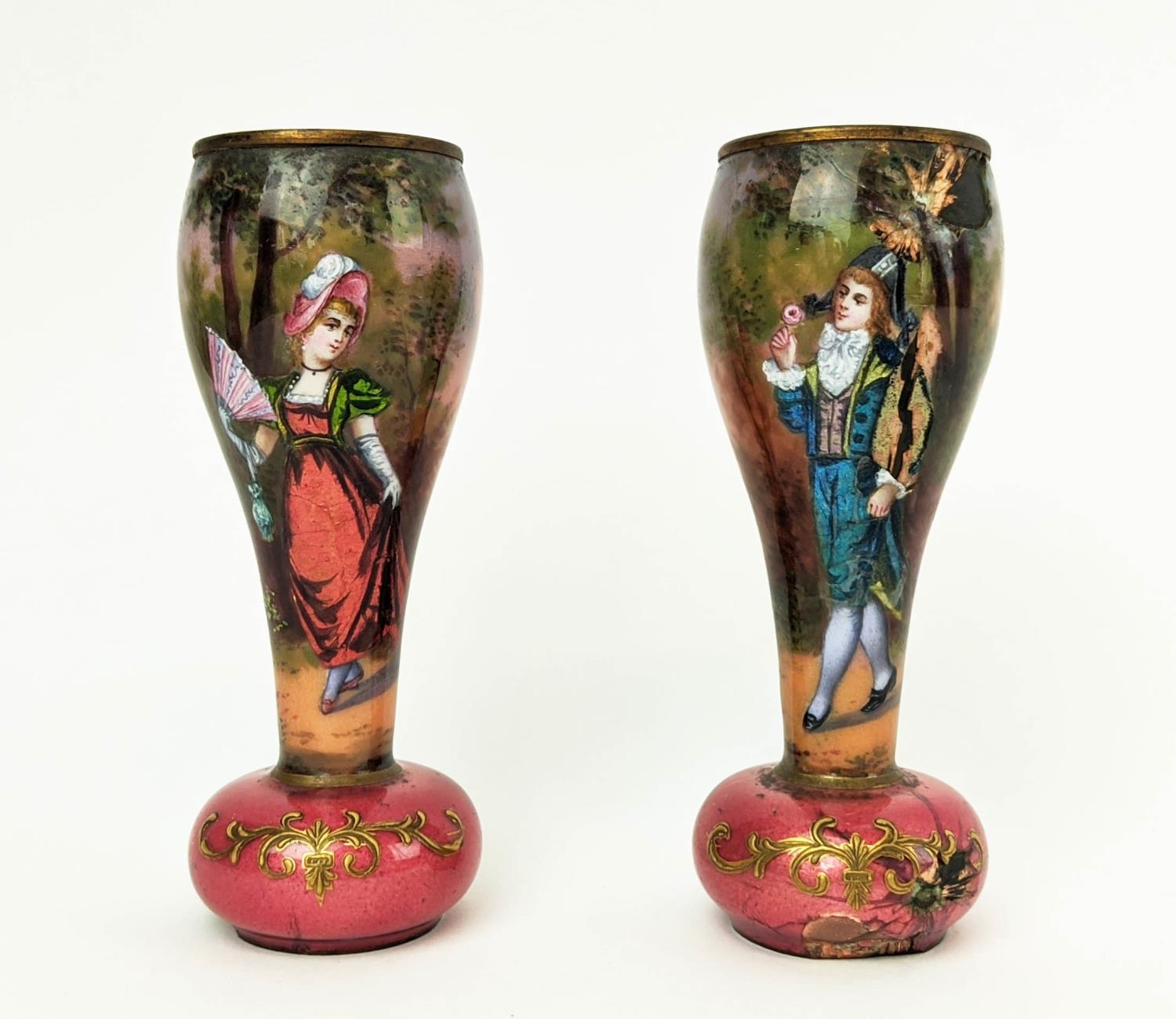 ENAMELLED MINIATURE VASES, a pair, 11cm H one of a Lady, the other of a Gentleman. (2)