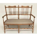 HALL BENCH, early 20th century Edwardian carved fruitwood with turned spindle back and brass studded
