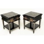 LAMP TABLES, a pair, lacquered and gilt Chinosierie painted each with drawer and undertier, 50cm x