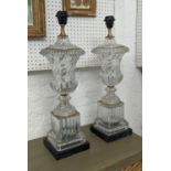 TABLE LAMPS, a pair, glass with gilt detail, marble bases, 57cm H. (2)