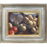 NINA TROITZKY AROI, 'Apples and pears', oil on board, 17cm x 23cm, monogrammed, label to verso,