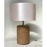 TIMOTHY OULTON STYLE ROPE LAMP, coiled rope with silk drum shade, 90cm H x 62cm.