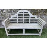 LUTYENS STYLE GARDEN BENCH, weathered teak of slatted construction, 165cm W.