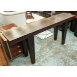 CONSOLE TABLE, contemporary design, dark wood, tapered supports, 184cm x 40cm x 80.5cm.