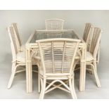 DINING TABLE AND CHAIRS, rattan and cane bound with glass topped table, 140cm x 88cm x 80cm H and