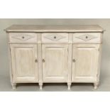 SIDE CABINET, Swedish Gustavian style grey painted with lozenge panels and fluted pilasters, three
