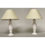 TABLE LAMPS, a pair, white marble of vase form, with shades, 50cm H. (2)