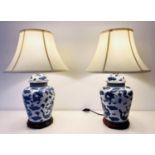 TABLE LAMPS, 60cm high, 40cm diameter, pair, blue and white Chinese dragon transfer print