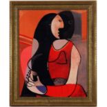 AFTER PABLO PICASSO, Seated woman on cotton, vintage French frame, 90cm x 70cm.