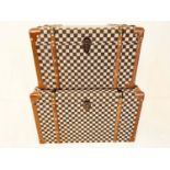 TRUNKS, a graduated pair, largest measuring 42cm H x 72cm W x 42cm D, damier style fabric