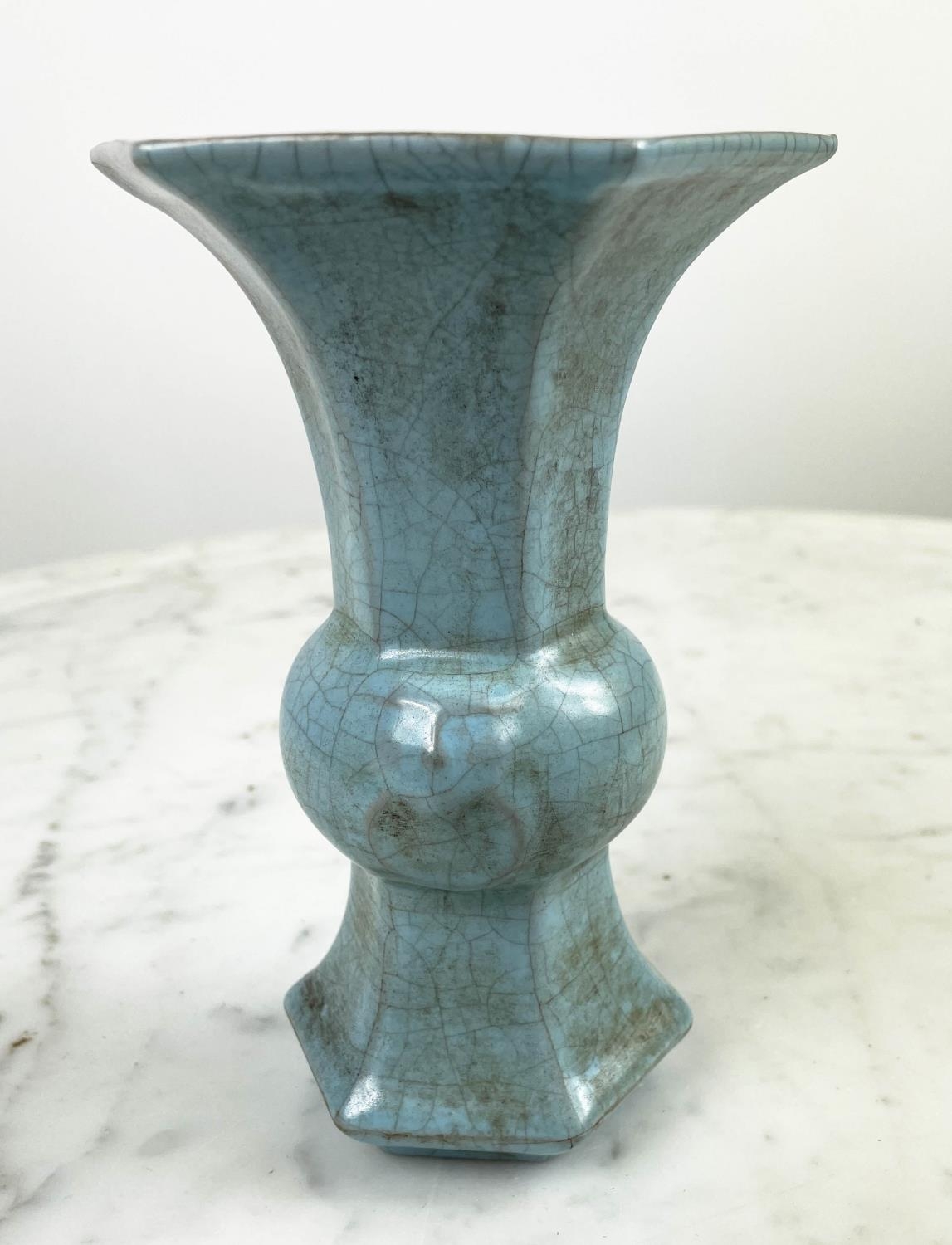 CHINESE LONGQUAN CELEDON CRACKLE GLAZED GU VASE, hexagonal form, 17cm H x 11cm. - Image 3 of 5