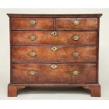 CHEST, early 18th century English Queen Anne figured walnut and crossbanded, with two short above