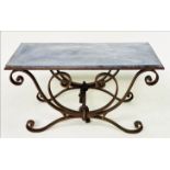 LOW CENTRE TABLE, vintage rectangular veined grey marble top raised on a scrolling wrought iron