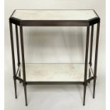 CONSOLE TABLE, Art Deco style bronze forged metal with two tier glass shelves and canted corners,