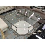 LOW TABLE, 100cm x 100cm x 44cm H, cut diamond form design, glass top, polished metal base, marble
