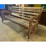 COALBROOKDALE MANNER GARDEN BENCH, cast iron with new replacement wooden slats, 191cm L x 94cm H x