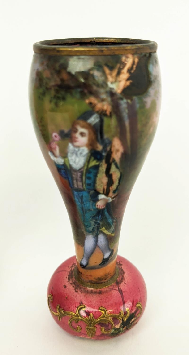ENAMELLED MINIATURE VASES, a pair, 11cm H one of a Lady, the other of a Gentleman. (2) - Image 4 of 10