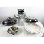 QUANTITY OF SILVER PLATE, six pieces, two Mappin and Webb lidded tureens one other a cake stand