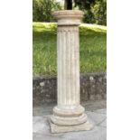 GARDEN COLUMN, well weathered reconstituted stone fluted cylindrical column and square base, 109cm