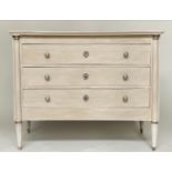 COMMODE, French Empire style grey painted and silvered metal mounted with three long drawers,